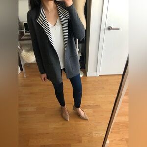 Loft Women's Gray/Striped Reversible Open Front Sweater